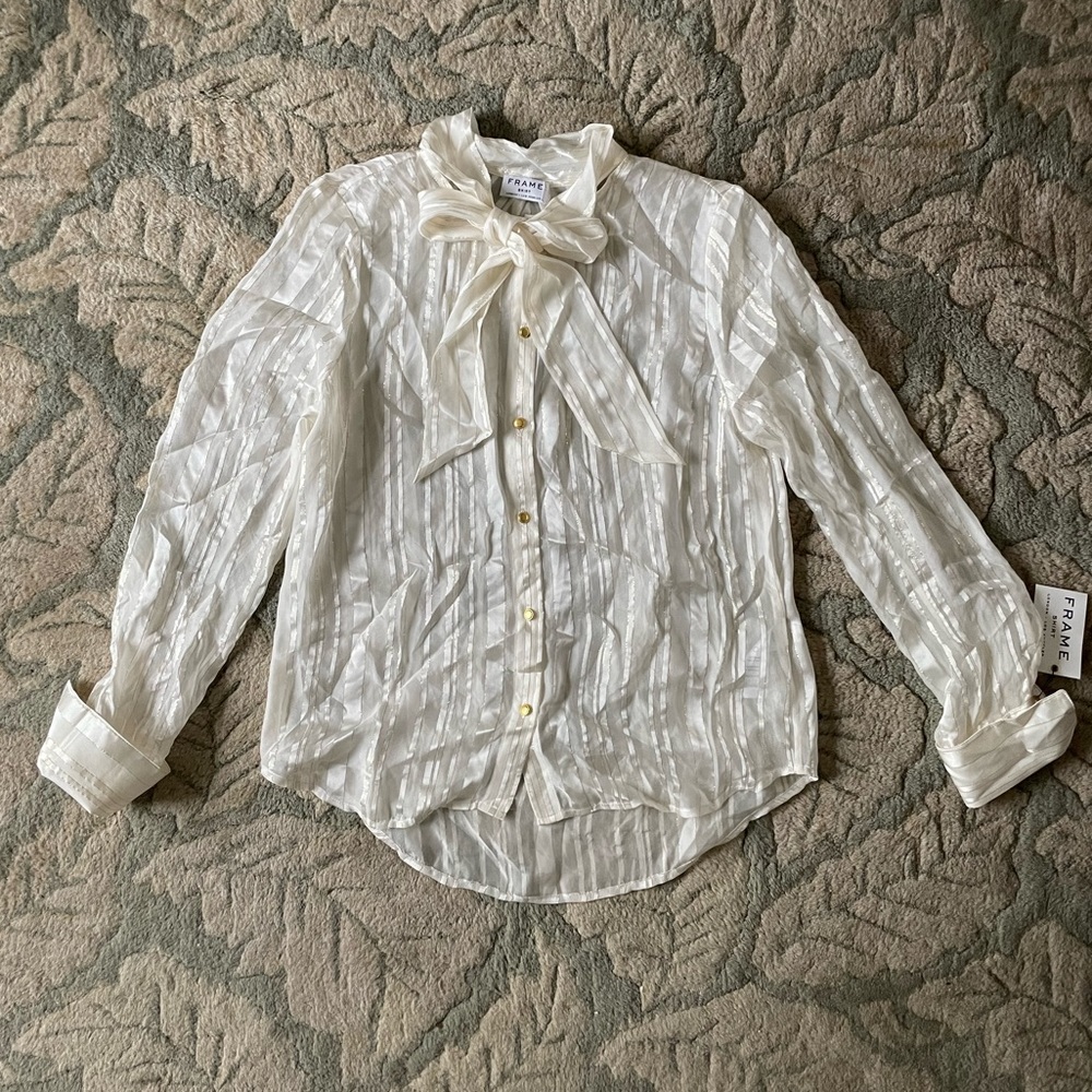 Frame Tie Neck Metallic Stripe Silk Blouse